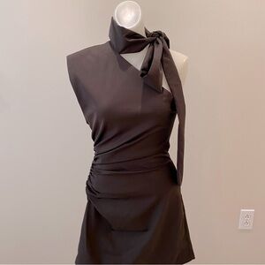 Zara NWT One-Shoulder Chocolate brown Ruched mini Dress with Tie neck size small